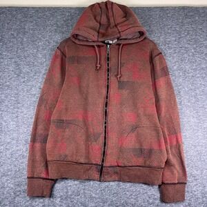 Mission Graphic Print Zip Up Hoodie Brown Red Plaid Casual Size L